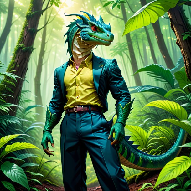 Illustration of a basilisk in a trousers in the forest