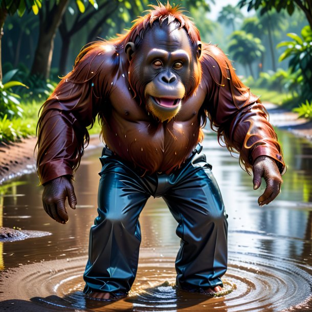 Photo of a orangutan in a trousers in the puddle