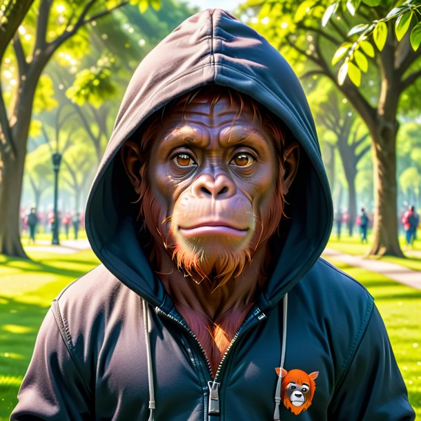 Picture of a orangutan in a hoodie in the park