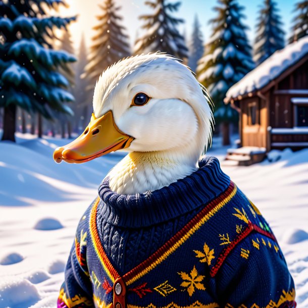 Image of a duck in a sweater in the snow