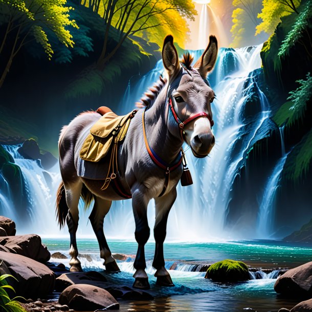 Image of a donkey in a coat in the waterfall