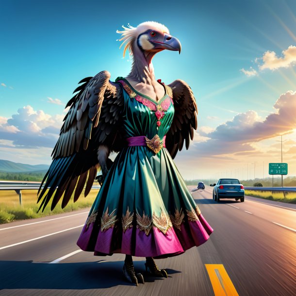 Illustration of a vulture in a dress on the highway