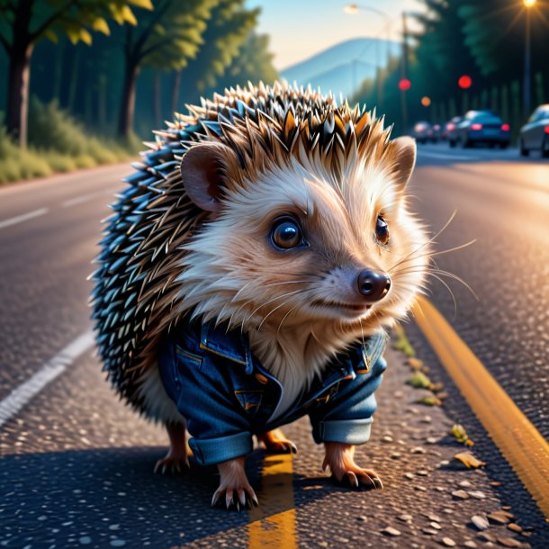 Drawing of a hedgehog in a jeans on the road