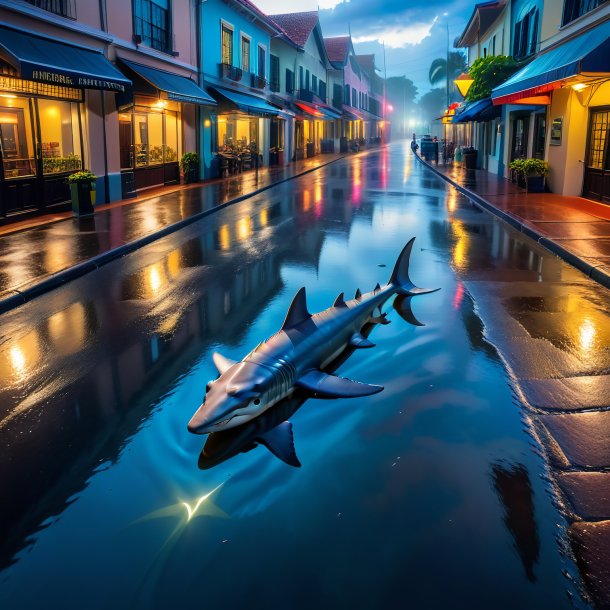 Photo of a sleeping of a hammerhead shark in the puddle