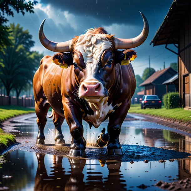 Photo of a bull in a gloves in the puddle