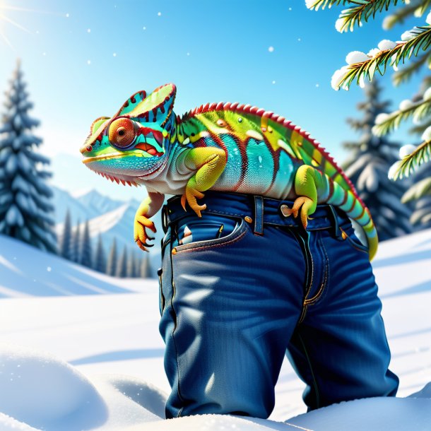 Illustration of a chameleon in a jeans in the snow