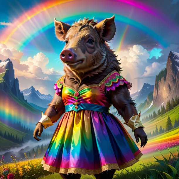 Illustration of a boar in a dress on the rainbow