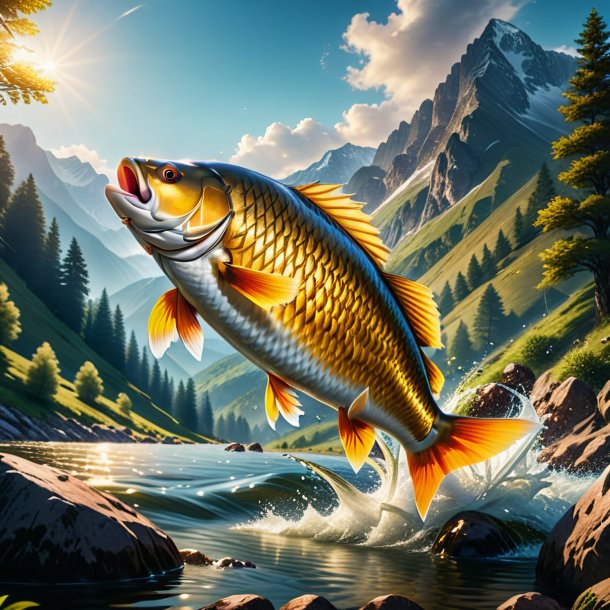 Pic of a jumping of a carp in the mountains