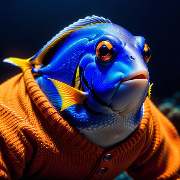 Photo of a blue tang in a orange sweater