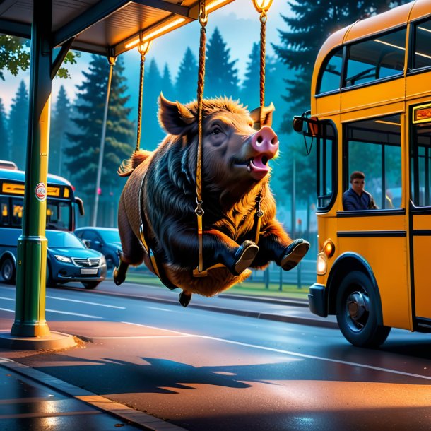 Picture of a swinging on a swing of a boar on the bus stop