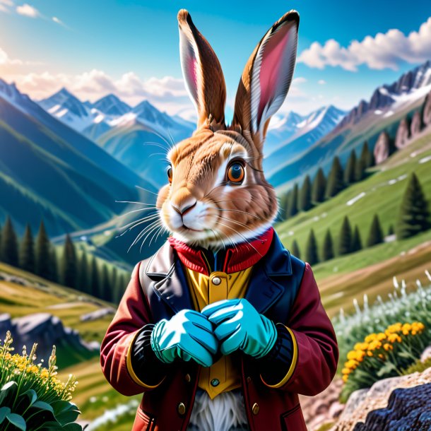 Image of a hare in a gloves in the mountains