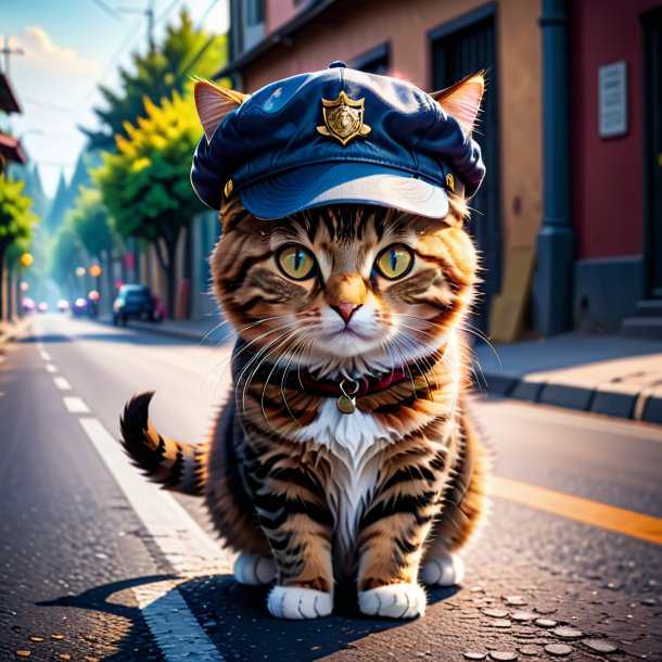 Photo of a cat in a cap on the road