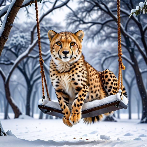 Photo of a swinging on a swing of a cheetah in the snow