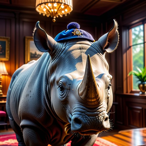 Pic of a rhinoceros in a cap in the house