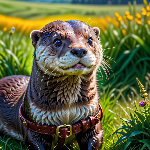 Photo of a otter in a belt in the meadow