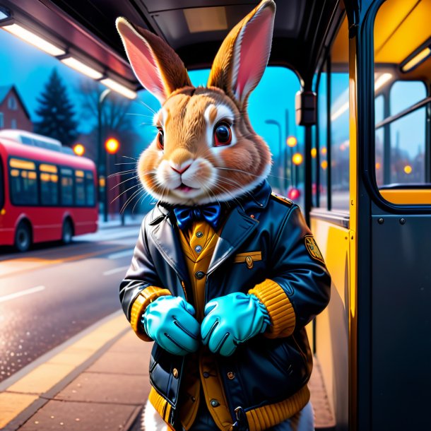 Picture of a rabbit in a gloves on the bus stop