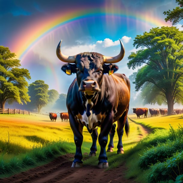 Image of a waiting of a bull on the rainbow