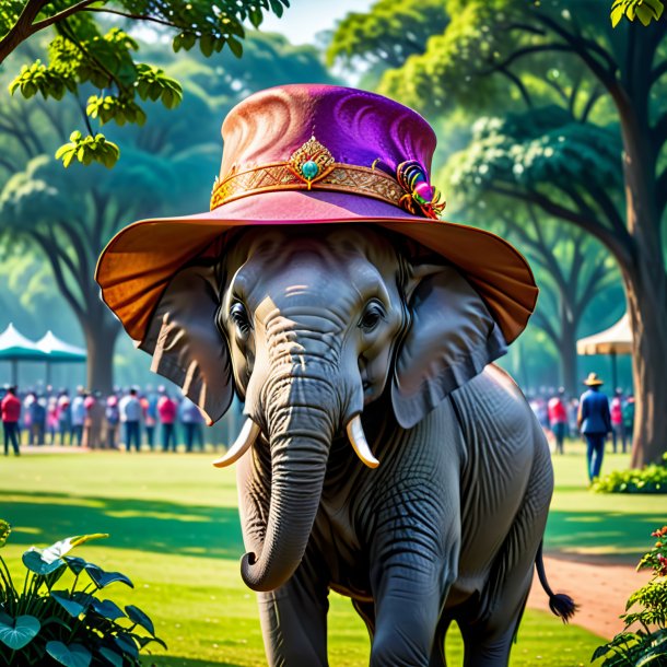 Pic of a elephant in a hat in the park