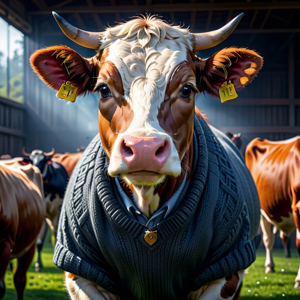 Image of a cow in a gray sweater