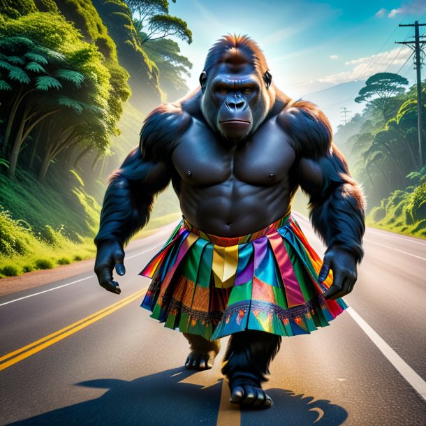 Picture of a gorilla in a skirt on the road