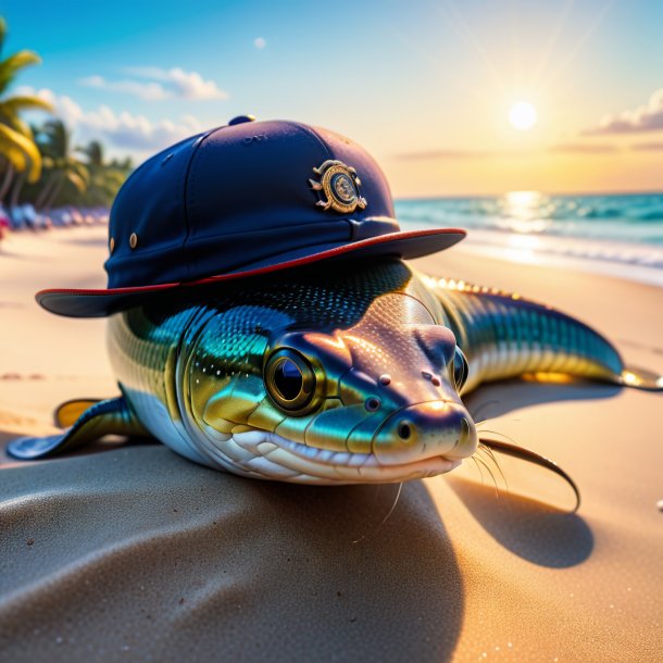 Pic d'anguille dans une casquette sur la plage