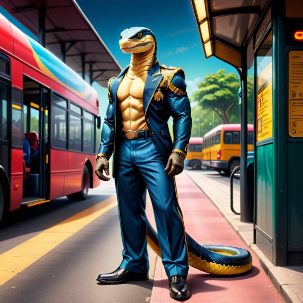 Illustration of a king cobra in a trousers on the bus stop