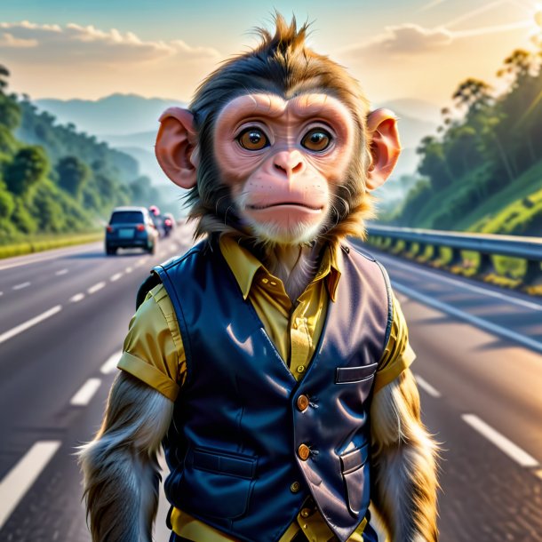 Photo of a monkey in a vest on the highway