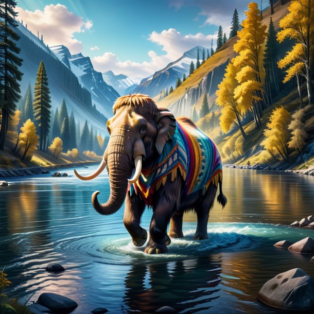 Ilustración de un mamut en un suéter en el río