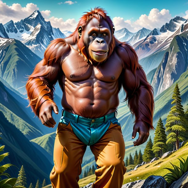 Drawing of a orangutan in a trousers in the mountains