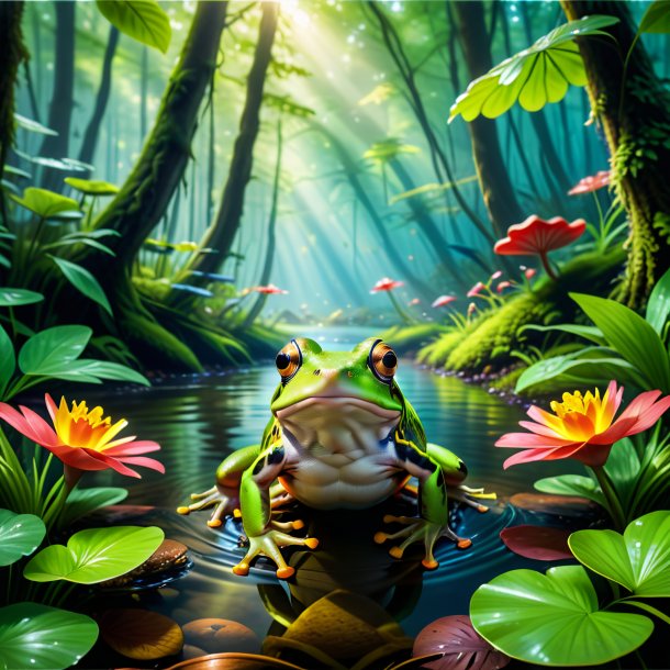 Image of a swimming of a frog in the forest