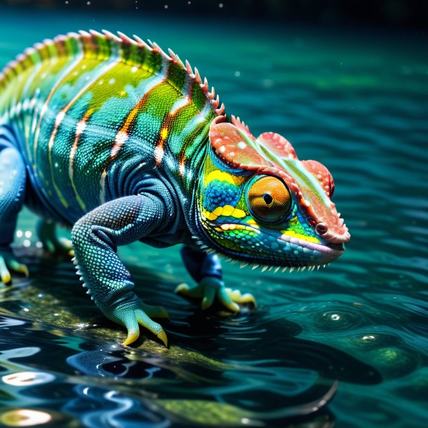 Foto de un camaleón en un vaquero en el agua