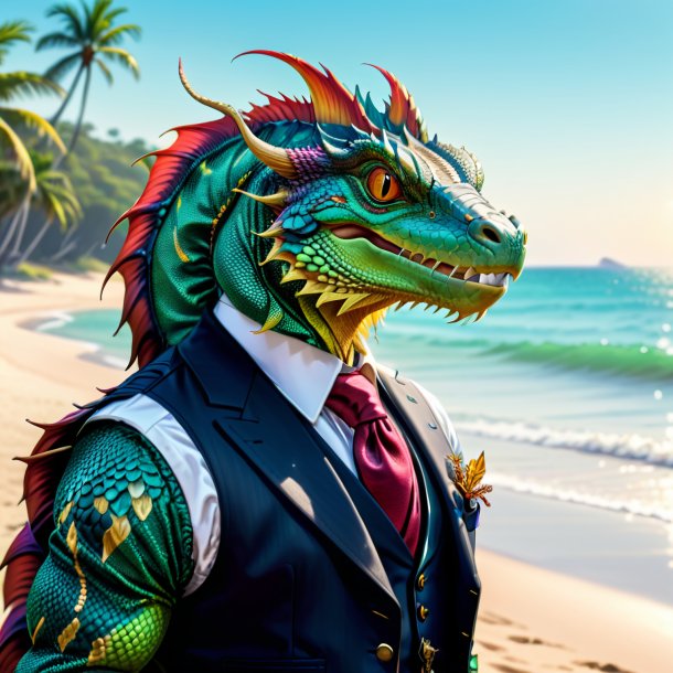 Drawing of a basilisk in a vest on the beach