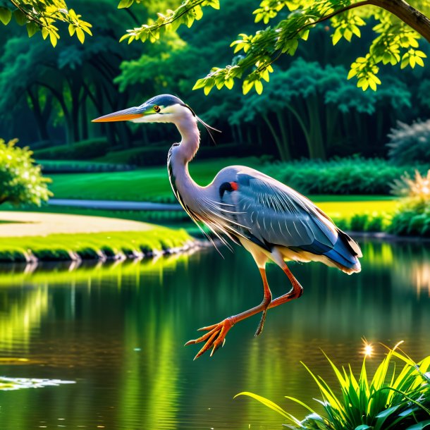 Photo of a jumping of a heron in the park