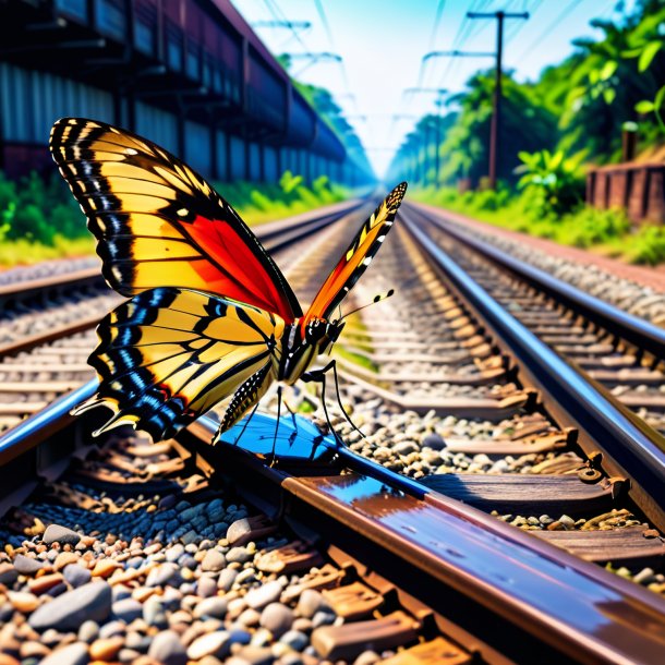 Foto de un trago de una mariposa en las vías del ferrocarril