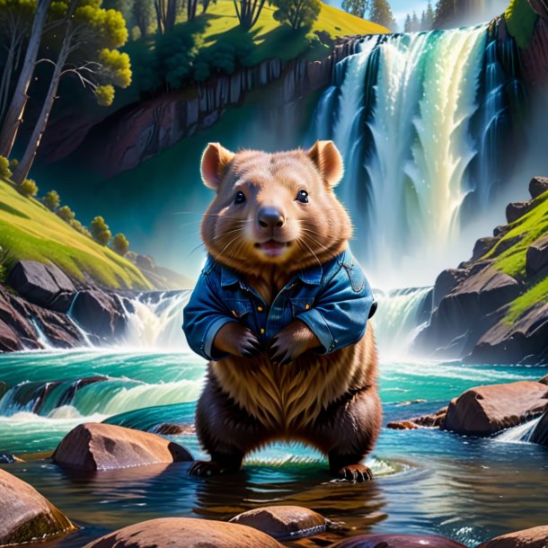 Image of a wombat in a jeans in the waterfall