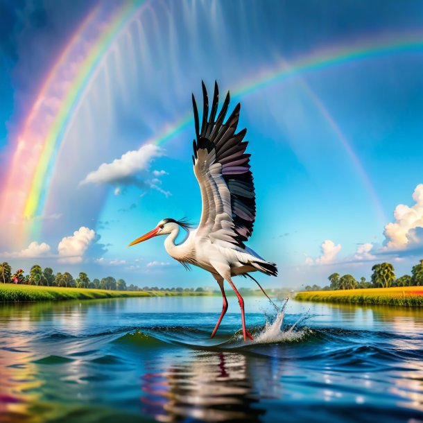 Image of a swimming of a stork on the rainbow