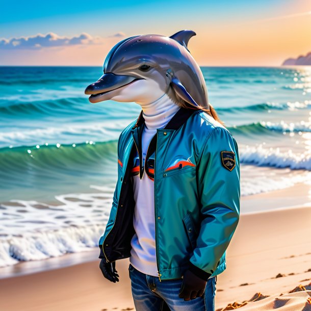 Photo of a dolphin in a jacket on the beach