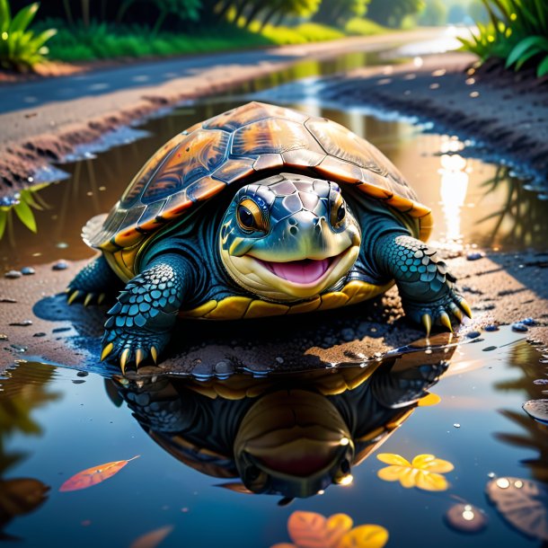 Photo of a smiling of a turtle in the puddle