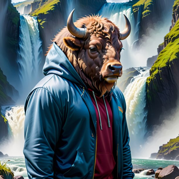 Photo of a bison in a hoodie in the waterfall