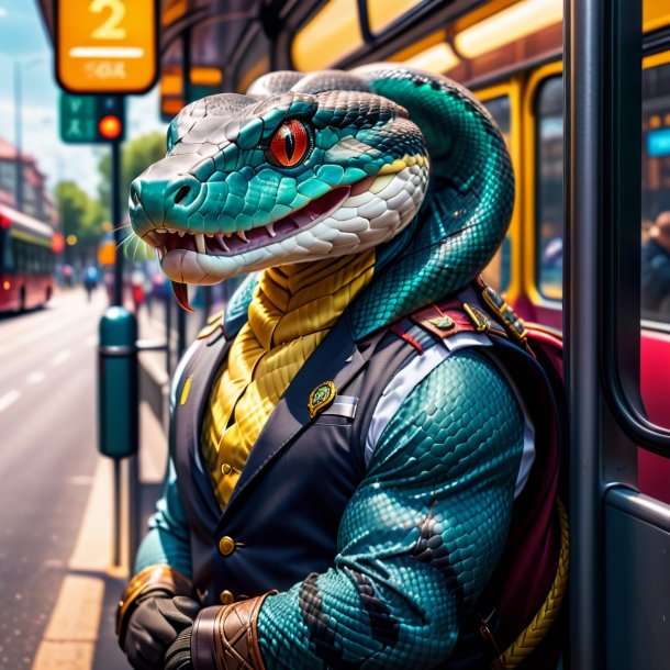 Foto de uma cobra em um colete no ponto de ônibus