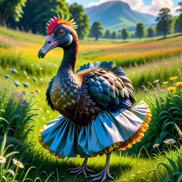 Image d'un dodo dans une jupe dans la prairie