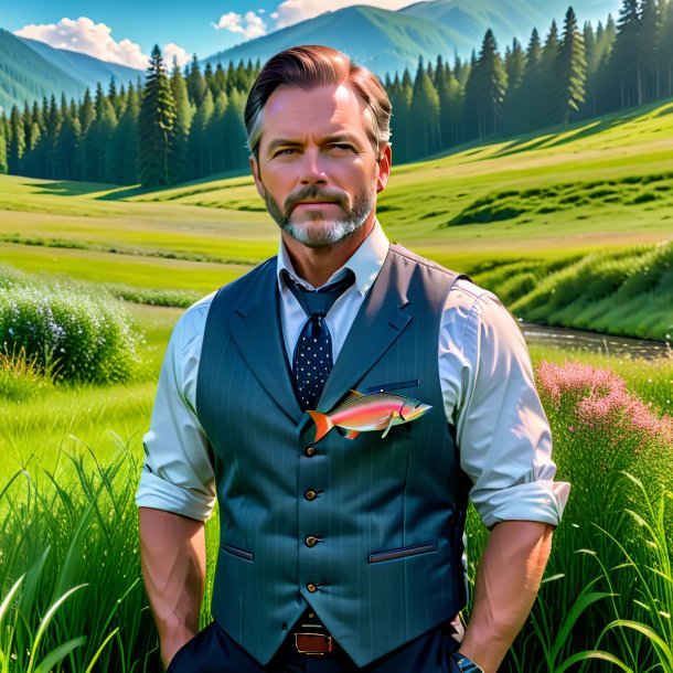 Pic of a salmon in a vest in the meadow