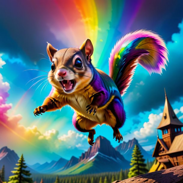 Image of a angry of a flying squirrel on the rainbow