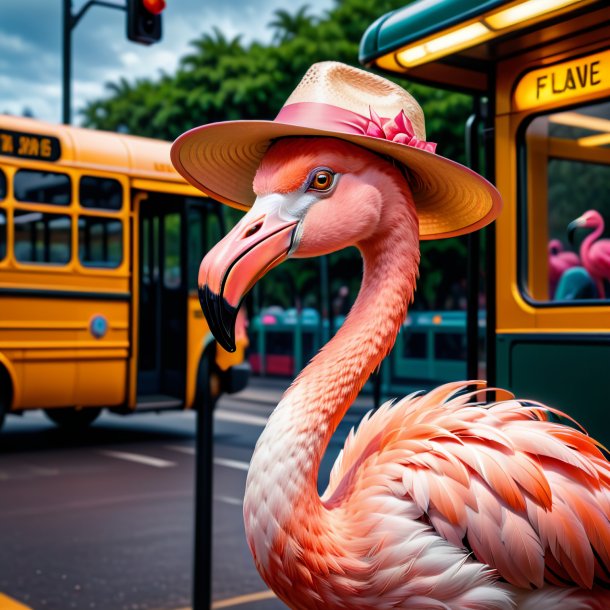 Photo d'un flamant dans un chapeau sur l'arrêt de bus