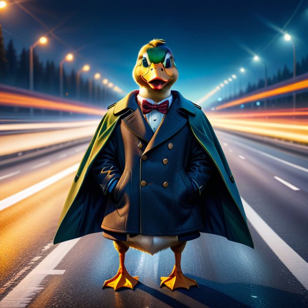 Illustration d'un canard en manteau sur l'autoroute