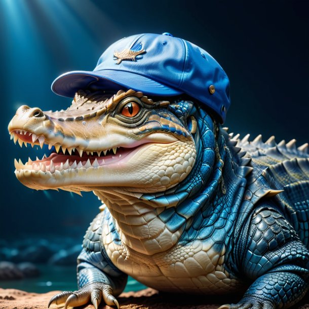 Photo of a crocodile in a blue cap