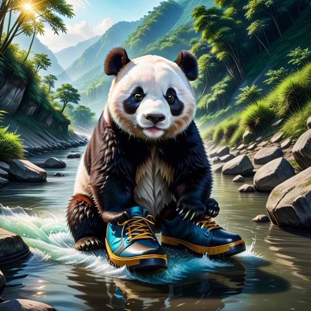 Drawing of a giant panda in a shoes in the river