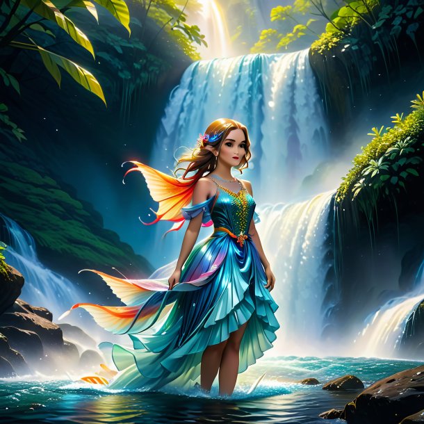 Illustration of a fish in a dress in the waterfall