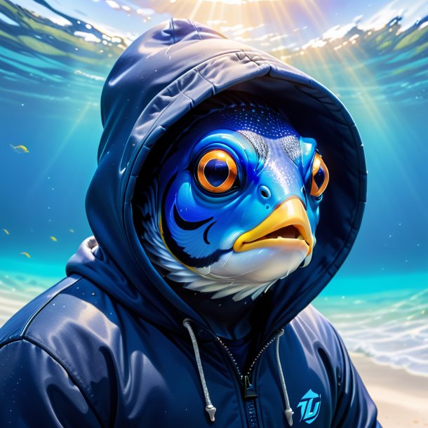 Drawing of a blue tang in a hoodie in the sea