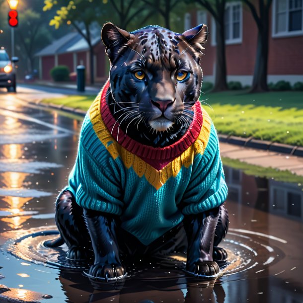 Drawing of a panther in a sweater in the puddle